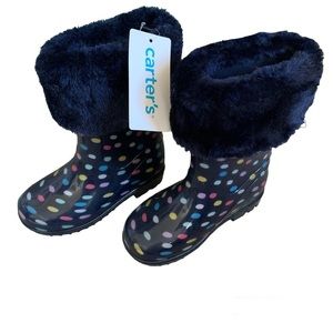 Carters Blue Poka Dot Faux Fur Lined Rainboots NWT kids size 7